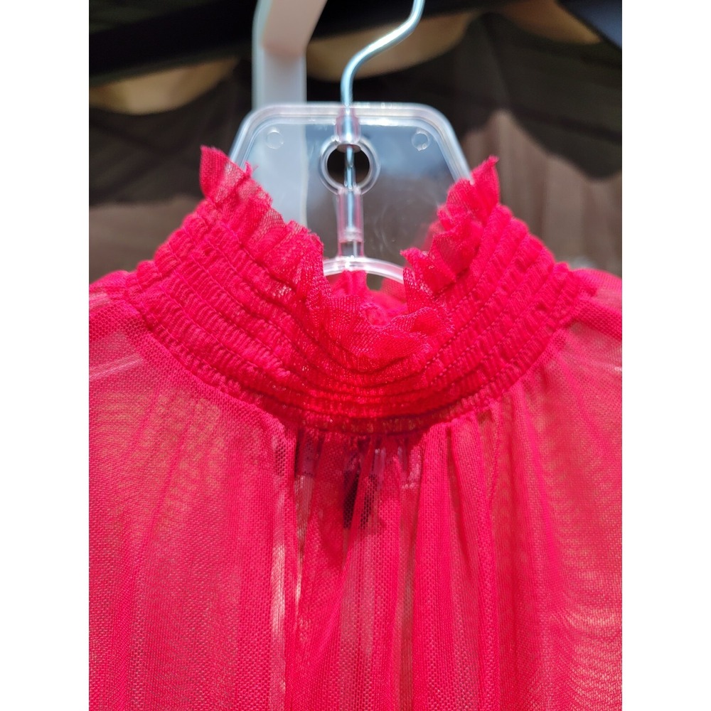 1 State Mock Neck Ruffle Sleeve Red Sheer Cocktail Party Top (Medium) NWT - Picture 2 of 6